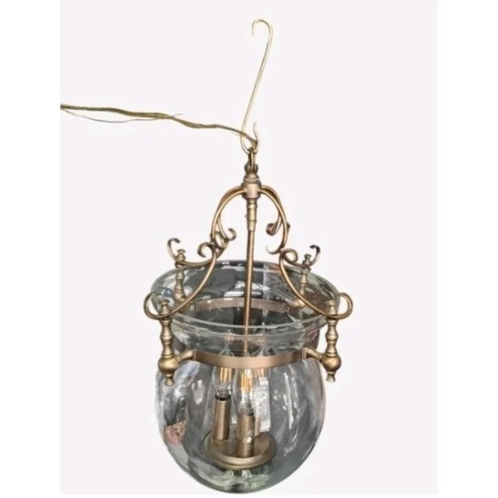 Brass French Bell Vintage Three Bulb Pendulum Chandelier Light